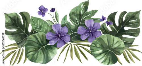 Beautiful tropical botanical arrangement with lush green leaves and delicate purple flowers
