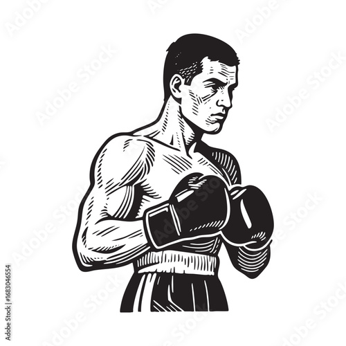 Intricate engraved illustration of	boxer portrait	black on white line art.