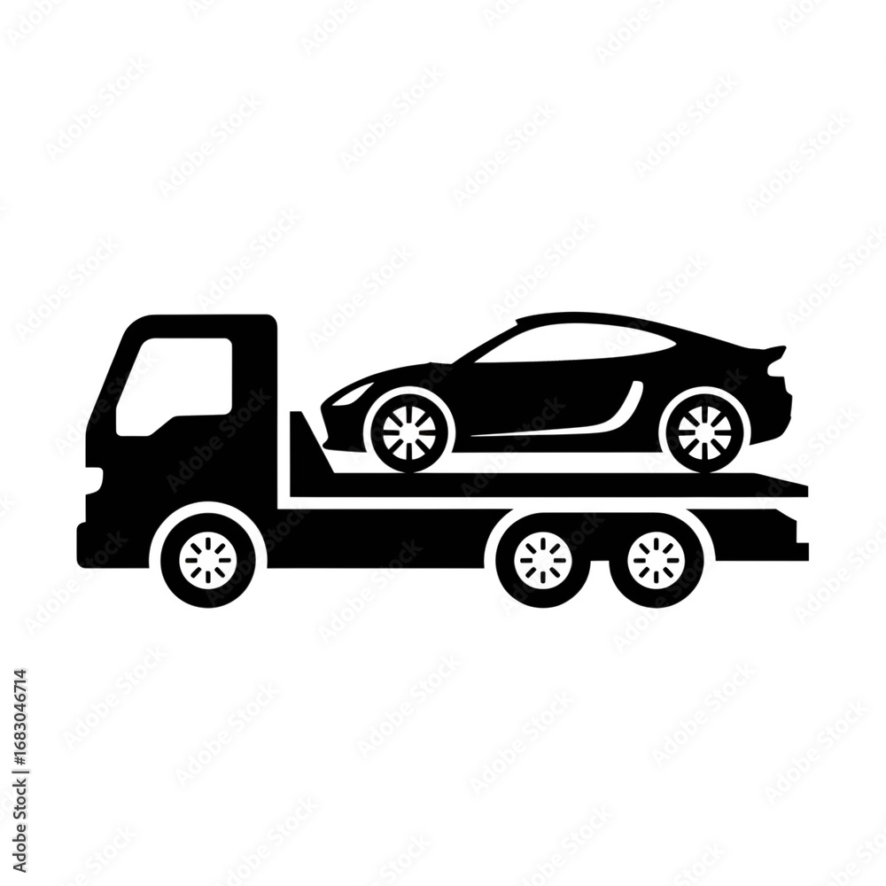 Fototapeta premium Tow Truck Transportation: A bold illustration of a tow truck with a sleek sports car secured on its flatbed, embodying themes of roadside assistance and vehicle recovery.