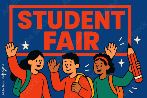 Student Fair banner flat vector illustration bold oversized text inside rectangular frame cartoon characters waving with backpacks and pencils bright solid colors no high contrast stars and.