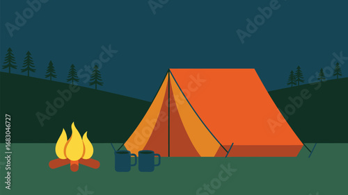 A camping scene featuring an orange tent, a campfire, and two mugs under a dark blue night sky scene