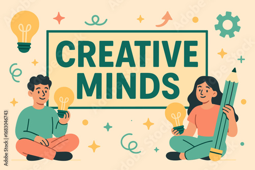 Creative Minds banner flat vector illustration bold oversized text inside rectangular frame cartoon characters sitting with light bulbs and pencils pastel trendy palette with #FFD700.