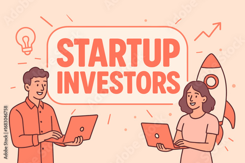 Startup Investors banner flat vector illustration bold oversized text inside outline cartoon characters standing with laptops and rockets pastel trendy palette with #FF6F61 #FFE4E1 motion.