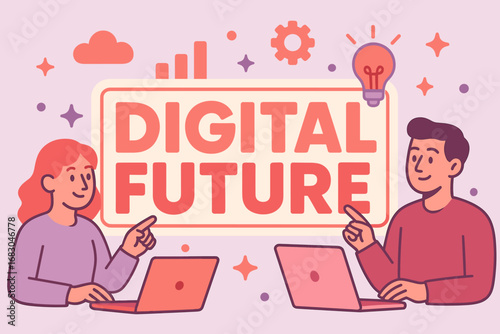 Digital Future banner flat vector illustration bold oversized text inside outline cartoon characters pointing at laptops and light bulbs pastel trendy palette with #F7786B #D8BFD8 #FF6F61.