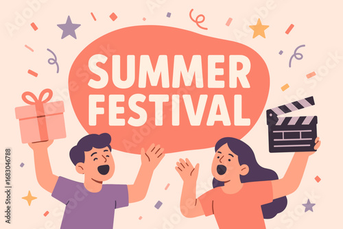 Summer Festival banner flat vector illustration bold oversized text inside rounded blob cartoon characters shouting with gift boxes and clapper board pastel trendy palette with #FF6F61.