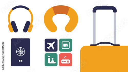 Illustration of travel essentials including headphones neck pillow passport and suitcase icons arranged neatly