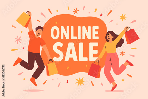 Online Sale banner flat vector illustration bold oversized text inside rounded blob cartoon characters jumping with shopping bags pastel trendy palette with #FF4500 #F7CAC9 #DC143C #FFB347.
