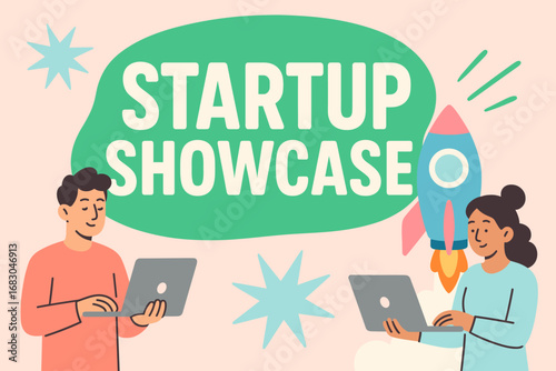 Startup Showcase banner flat vector illustration bold oversized text inside rounded blob cartoon characters standing with laptops and rockets pastel trendy palette with #3CB371 #F7CAC9.