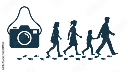 A family walking with a camera and footprints symbolizing memories and shared experiences together forever