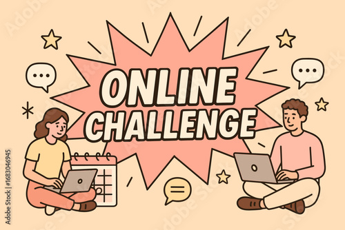 Online Challenge banner flat vector illustration bold oversized text inside splash explosion cartoon characters sitting with laptops and calendars pastel trendy palette with #FFDEAD #FFE4E1.