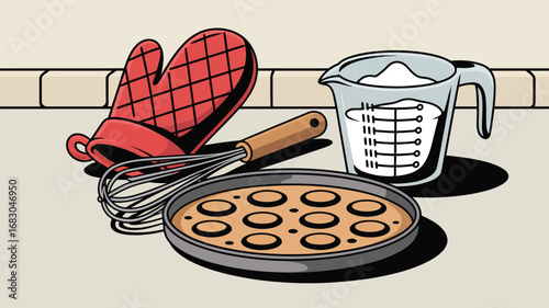 Illustration of baking preparation with oven mitt whisk measuring cup and pan of baked goods on counter