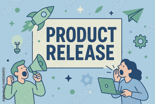 Product Release banner flat vector illustration bold oversized text inside rectangular frame cartoon characters shouting with rockets and laptops pastel trendy palette with #92A8D1 #3CB371.