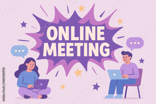 Online Meeting banner flat vector illustration bold oversized text inside splash explosion cartoon characters sitting with laptops and chat bubbles pastel trendy palette with #B565A7.