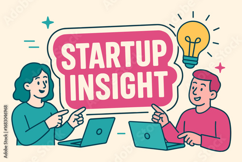 Startup Insight banner flat vector illustration bold oversized text inside outline cartoon characters pointing at laptops and light bulbs pastel trendy palette with #009B77 #C71585 stars.