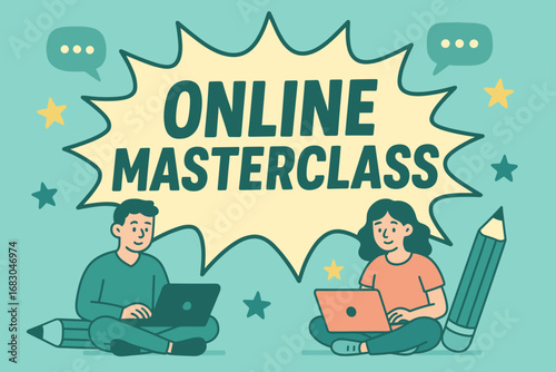 Online Masterclass banner flat vector illustration bold oversized text inside comic burst cartoon characters sitting with laptops and pencils pastel trendy palette with #AFEEEE #20B2AA.