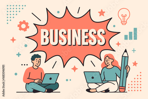 Creative Business banner flat vector illustration bold oversized text inside comic burst cartoon characters sitting with laptops and pencils pastel trendy palette with #F7786B #20B2AA.