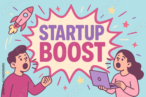 Startup Boost banner flat vector illustration bold oversized text inside splash explosion cartoon characters shouting with rockets and laptops pastel trendy palette with #B0E0E6 #9370DB.