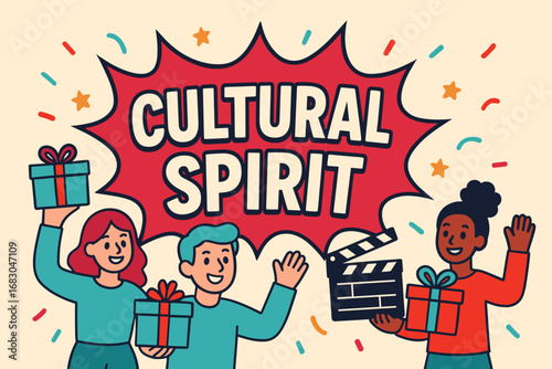 Cultural Spirit banner flat vector illustration bold oversized text inside comic burst cartoon characters waving with gift boxes and clapper board pastel trendy palette with #BC243C #40E0D0.
