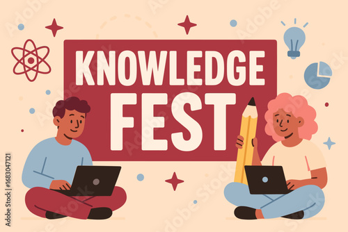 Knowledge Fest banner flat vector illustration bold oversized text inside rectangular frame cartoon characters sitting with laptops and pencils pastel trendy palette with #9B2335 #98B4D4.
