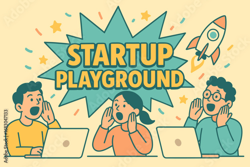 Startup Playground banner flat vector illustration bold oversized text inside splash explosion cartoon characters shouting with laptops and rockets pastel trendy palette with #FFD662.