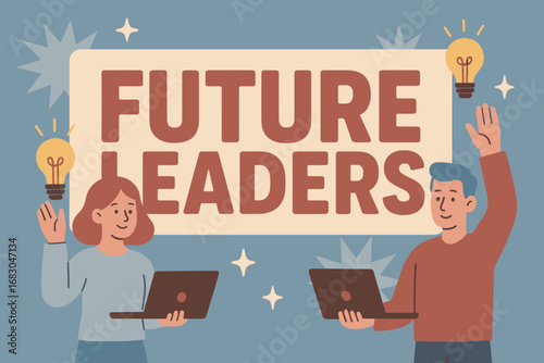 Future Leaders banner flat vector illustration bold oversized text inside rectangular frame cartoon characters standing with laptops and light bulbs pastel trendy palette with #955251.