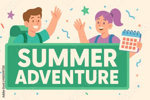 Summer Adventure banner flat vector illustration bold oversized text inside rectangular frame cartoon characters waving with backpacks and calendars pastel trendy palette with #3CB371.