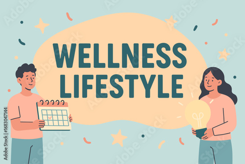 Wellness Lifestyle banner flat vector illustration bold oversized text inside rounded blob cartoon characters standing with calendars and light bulbs pastel trendy palette with #FFDEAD.