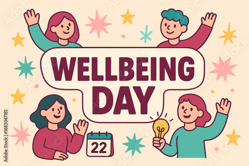 Wellbeing Day banner flat vector illustration bold oversized text inside outline cartoon characters waving with calendars and light bulbs pastel trendy palette with #9B2335 #20B2AA #C3447A.