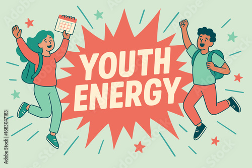 Youth Energy banner flat vector illustration bold oversized text inside splash explosion cartoon characters jumping with backpacks and calendars pastel trendy palette with #009B77 #98FB98.