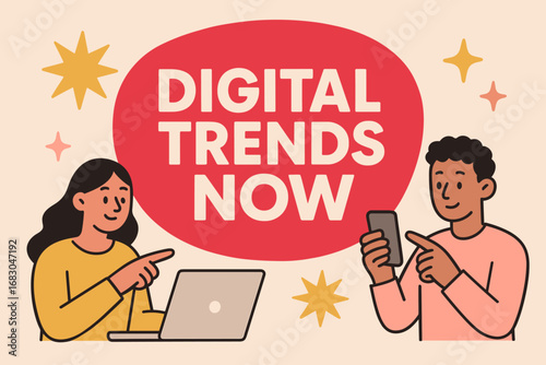 Digital Trends Now banner flat vector illustration bold oversized text inside rounded blob cartoon characters pointing at laptops and smartphones pastel trendy palette with #DC143C #FFE4E1.