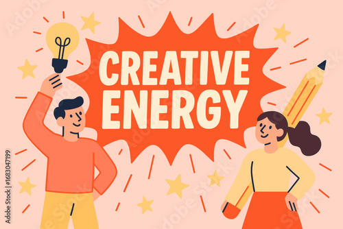 Creative Energy banner flat vector illustration bold oversized text inside splash explosion cartoon characters holding light bulbs and pencils pastel trendy palette with #F7CAC9 #FFDEAD.