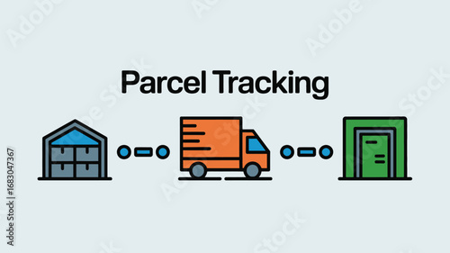 A cartoon illustration of parcel tracking showing a warehouse, truck, and destination point connection