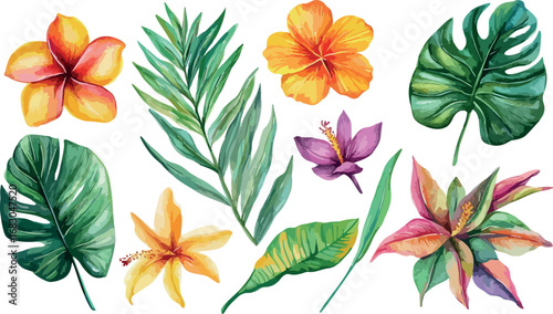 Vibrant watercolor collection of exotic tropical flowers and lush green leaves