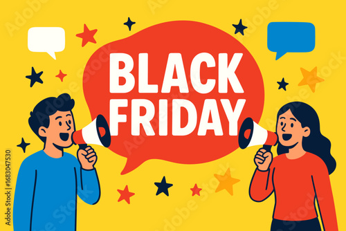 ght banner flat vector illustration bold oversized text inside rounded blob cartoon characters standing with megaphones bright solid colors high contrast stars and chat bubbles minimal.