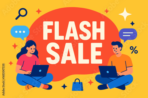 nar banner flat vector illustration bold oversized text inside rounded blob cartoon characters sitting with laptops and chat bubbles bright solid colors high contrast abstract icons and.