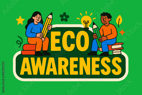 anner flat vector illustration bold oversized text inside outline cartoon characters sitting with pencils and books bright solid colors high contrast stars and abstract icons minimal.