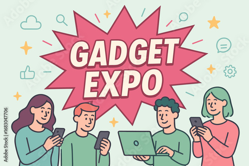 Gadget Expo banner flat vector illustration bold oversized text inside comic burst cartoon characters standing with smartphones and laptops pastel trendy palette with #C71585 #B0E0E6.