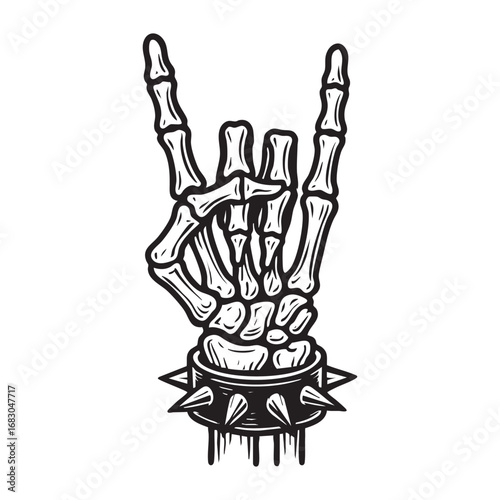 bone hand metal gesture with spiked bracelet	hand drawn graphic vector illustration