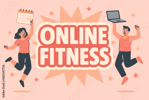Online Fitness banner flat vector illustration bold oversized text inside outline cartoon characters jumping with calendars and laptops pastel trendy palette with #F7CAC9 #F08080 explosion.