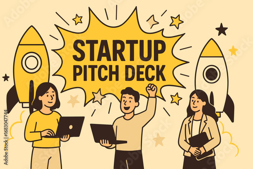 Startup Pitch Deck banner flat vector illustration bold oversized text inside comic burst cartoon characters standing with rockets and laptops pastel trendy palette with #FFD700 #F5E6CC.