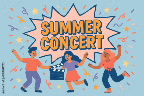 Summer Concert banner flat vector illustration bold oversized text inside splash explosion cartoon characters dancing with clapper board pastel trendy palette with #4682B4 #DEAAFF #F7786B.