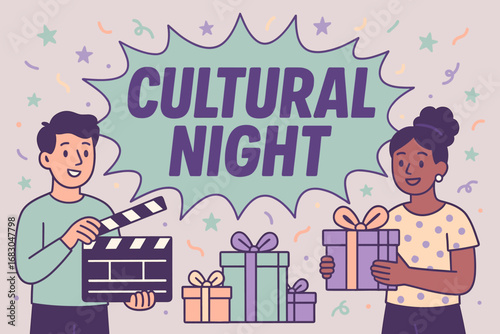 Cultural Night banner flat vector illustration bold oversized text inside comic burst cartoon characters standing with clapper board and gift boxes pastel trendy palette with #6B5B95.