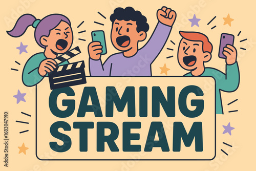 Gaming Stream banner flat vector illustration bold oversized text inside rectangular frame cartoon characters shouting with clapper board and smartphones pastel trendy palette with #FFDEAD.