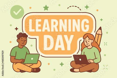Learning Day banner flat vector illustration bold oversized text inside outline cartoon characters sitting with laptops and pencils pastel trendy palette with #3CB371 #FFB347 #955251.