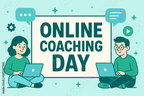 Online Coaching Day banner flat vector illustration bold oversized text inside rectangular frame cartoon characters sitting with laptops and chat bubbles pastel trendy palette with #AFEEEE.