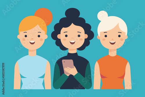 Three Young Women with Different Hairstyles, One Holding a Smartphone on a Blue Background