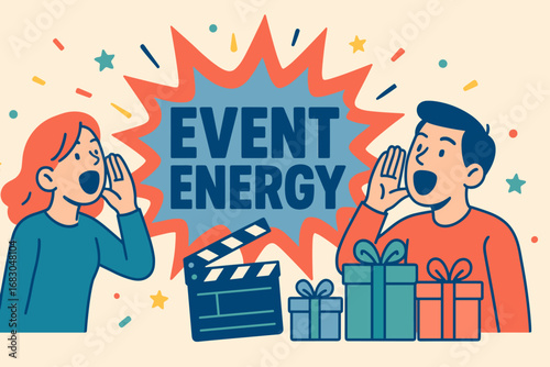 Event Energy banner flat vector illustration bold oversized text inside splash explosion cartoon characters shouting with clapper board and gift boxes pastel trendy palette with #00539C.