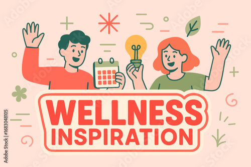 Wellness Inspiration banner flat vector illustration bold oversized text inside outline cartoon characters waving with calendars and light bulbs pastel trendy palette with #DC143C #FF6F61.