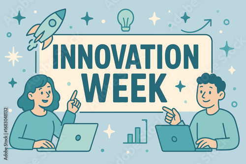 Innovation Week banner flat vector illustration bold oversized text inside rectangular frame cartoon characters pointing at laptops and rockets pastel trendy palette with #92A8D1 #20B2AA.