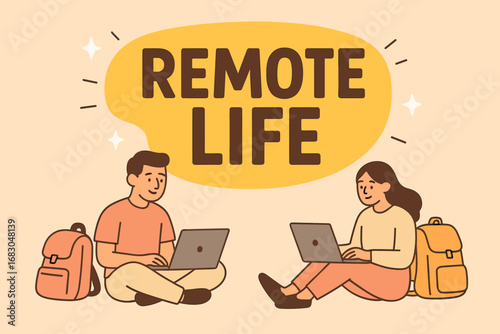 Remote Life banner flat vector illustration bold oversized text inside rounded blob cartoon characters sitting with laptops and backpacks pastel trendy palette with #FFD662 #FFE4E1 #FFDEAD.